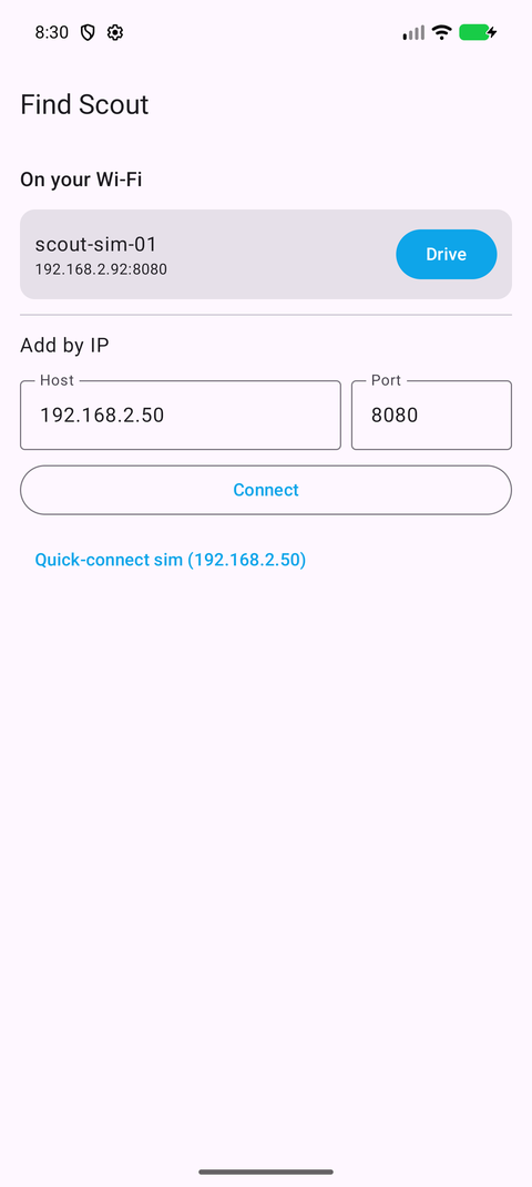 Connect screen: Scout discovered automatically on Wi-Fi