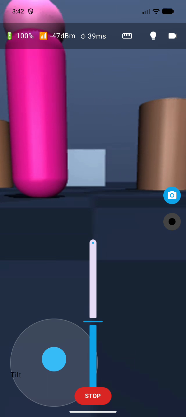 Scout app — live FPV driving with joystick, camera tilt and emergency stop